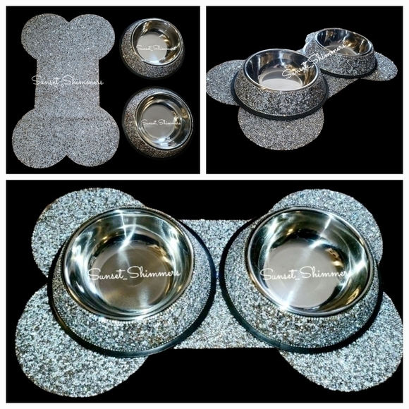 3pc Set Blinged out SILVER RHINESTONE Pet Dog/Cat Bowls Bone Shaped Placemat New